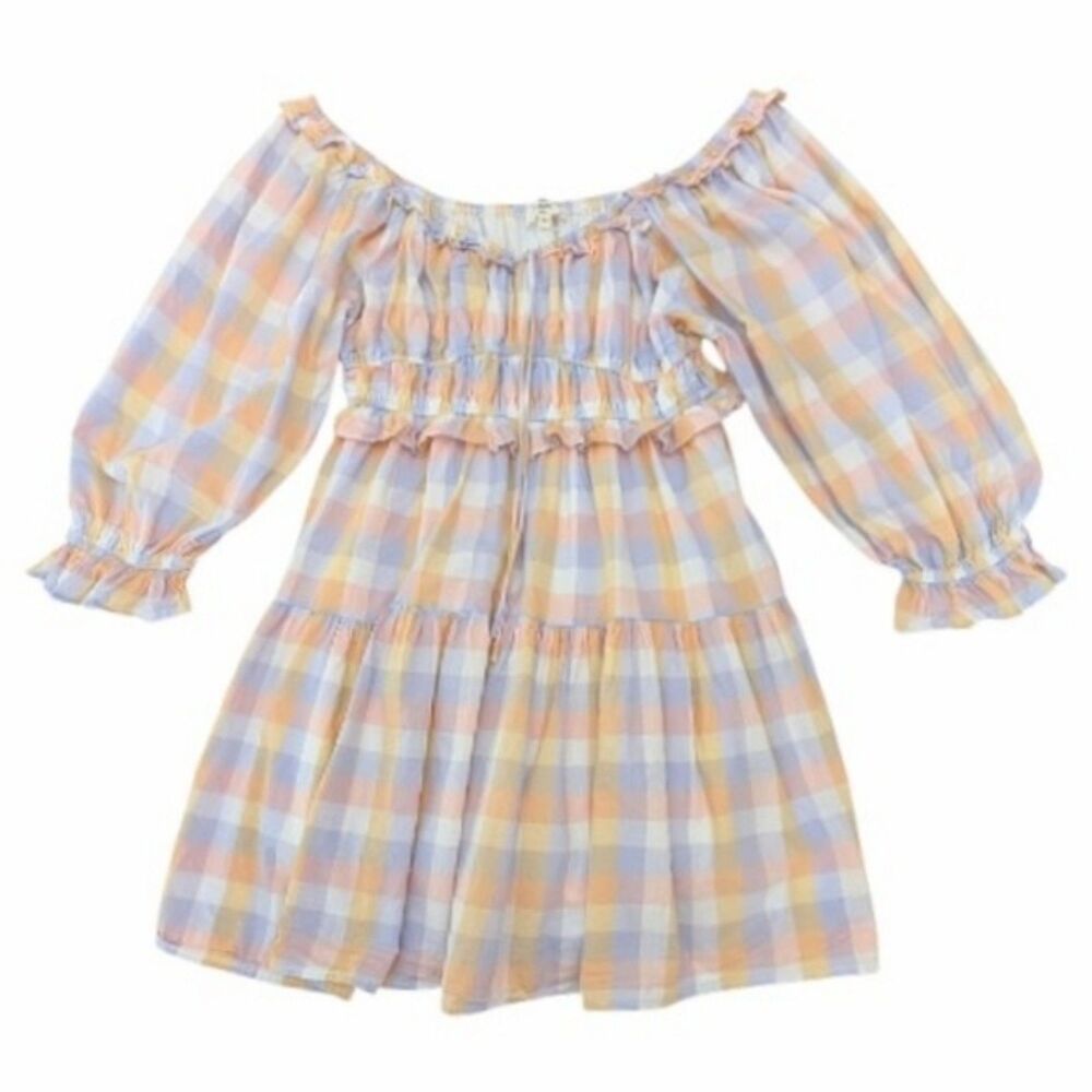 Entro Woman Plaid Pink Pastel Mini Dress Cotton Bubble Sleeves Milkmaid Easter M